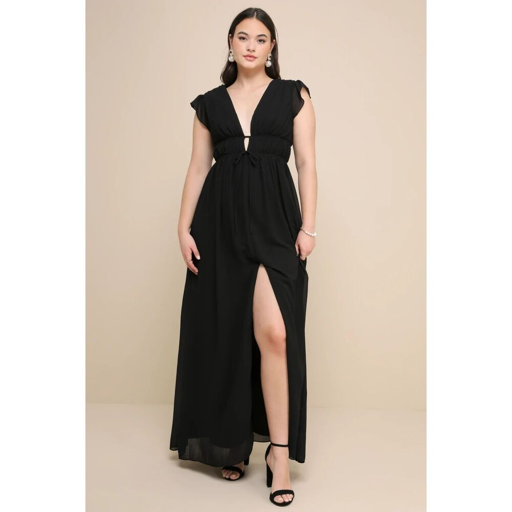 Lulus Black Maxi Dress XL Deep V Flutter Sleeve Tie Front Lined NWT